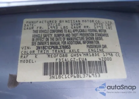 2011 Nissan Versa 1.8Sl from USA, damaged, VIN 3N1BC1CP6BL376953